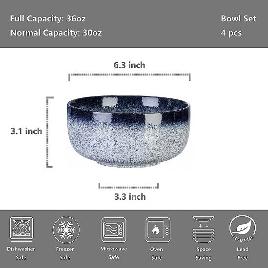 Cereal Bowls - 36 Ounce Ceramic Bowls, Noodle Bowl Set, Ceramic Bowls for Kitchen, Breakfast, Oatmeal, Microwave and Dishwasher Safe, [Set of 4], Dark Blue